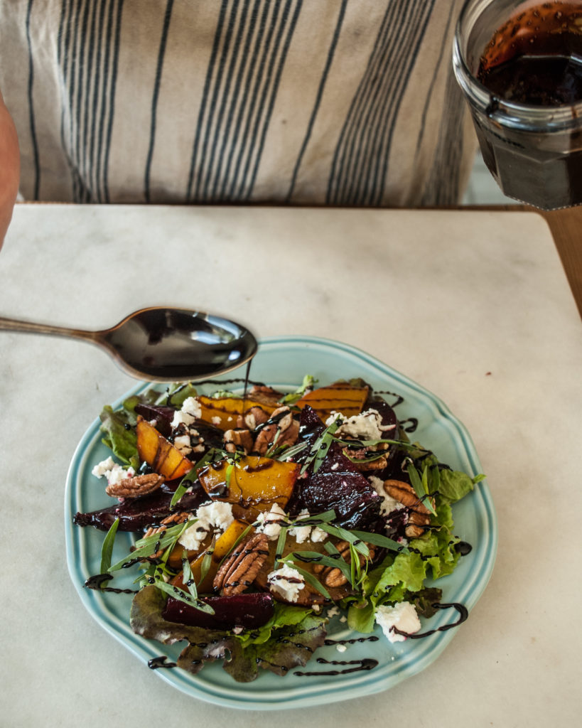 Roasted Beet Salad recipe, with Balsamic Maple Glaze Reduction, Toasted Pecans, and Goat cheese.  Fresh lettuce from the Garden too!  A simple, easy and delicious summer salad recipe with photo tutorial.  Printable Recipe.