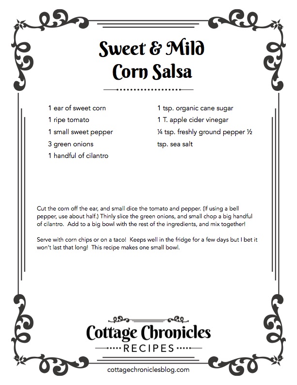 A sweet and mild recipe for corn salsa that even the kids will love.  Instructions and cute printable recipe, too!