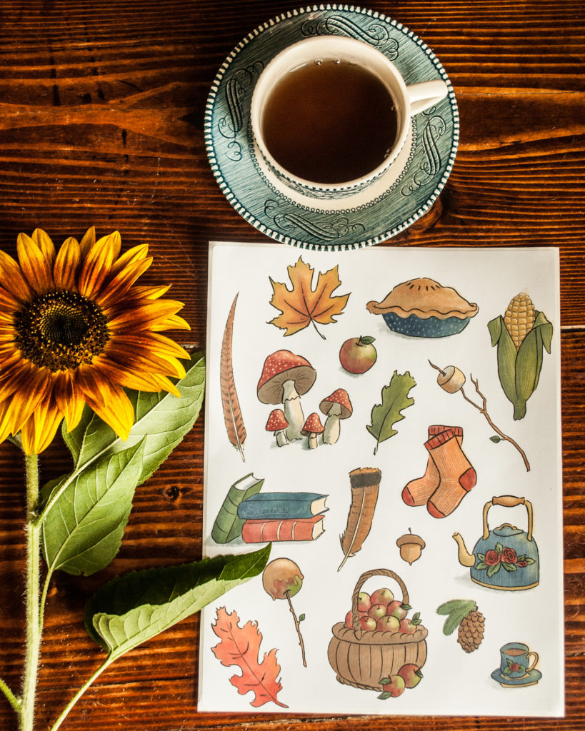 Instant Download. Autumn Printable Stickers or Coloring Page.