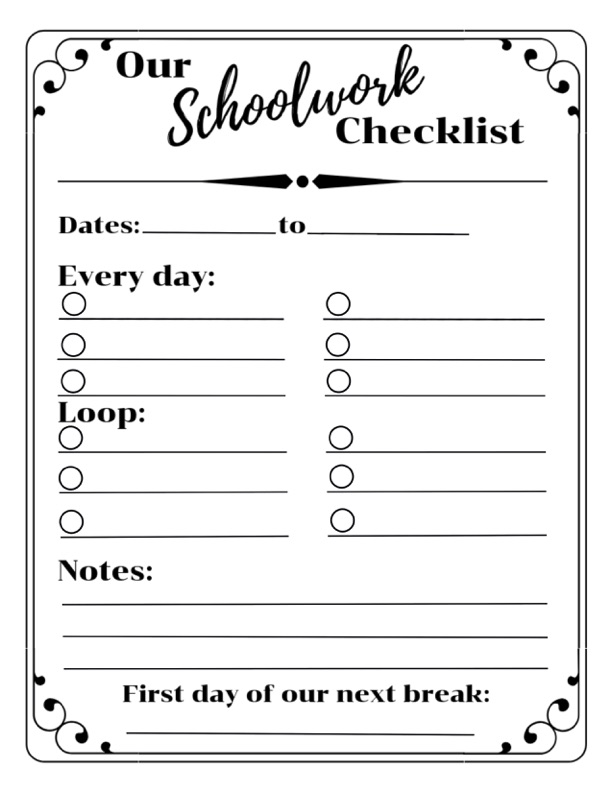 Homeschooling on a Loop Schedule explained.  Daily work and Loop work, plus printable for you to fill in and try out!  Free printable resource.
