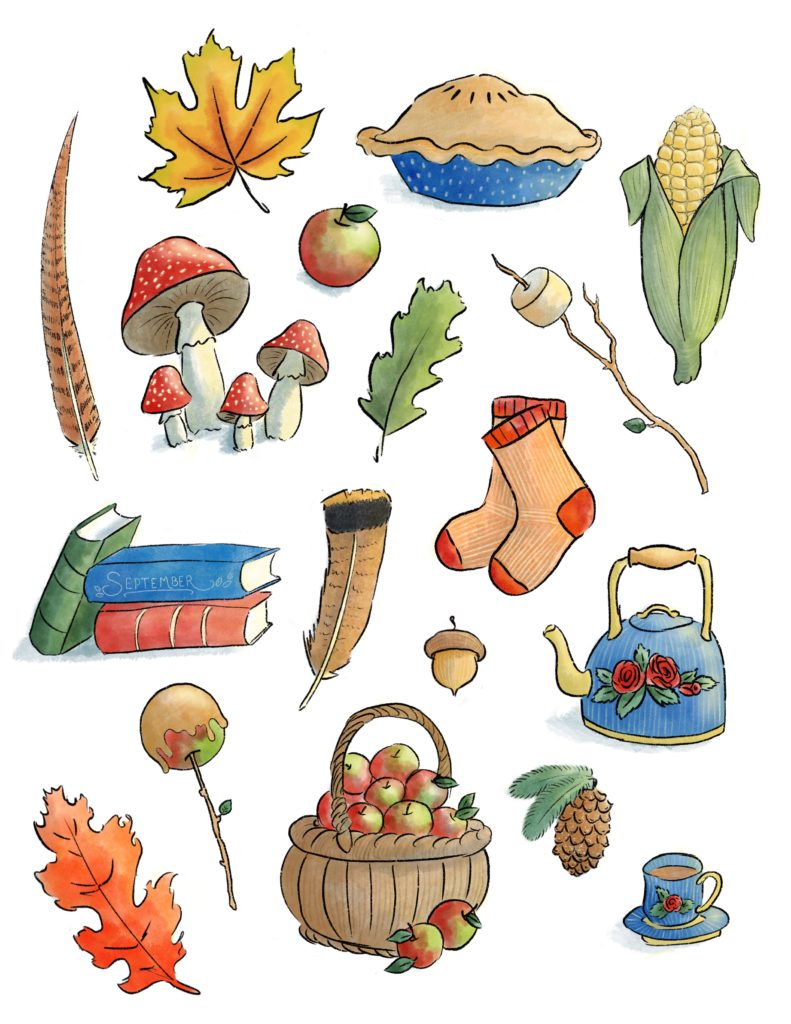 Autumn Printable Stickers or Coloring Page. Instant Dowload.