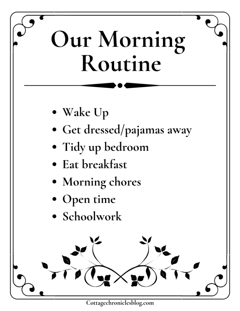 Morning Routine with FREE printable.  Homeschool family with little kids, tips for new homeschool moms and busy moms.