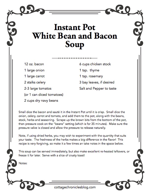 Recipe for Instant Pot White Bean and Bacon Soup. Super easy dinner recipe, great for family dinner, budget friendly. Instantly Download and Print the Recipe!