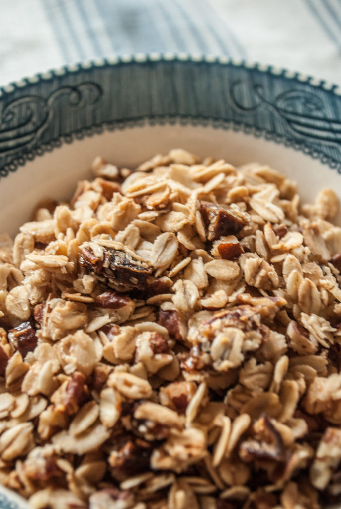 Maple Rum Granola Recipe. Easy Homemade Granola Recipe, rich toasty flavor with maple syrup, dates, pecans and nutmeg.