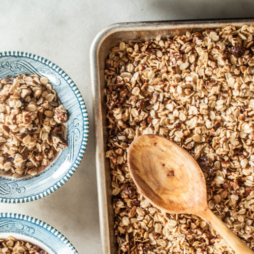Maple Rum Granola Recipe. Easy Homemade Granola Recipe, rich toasy flavor with maple syrup, dates, pecans and nutmeg.