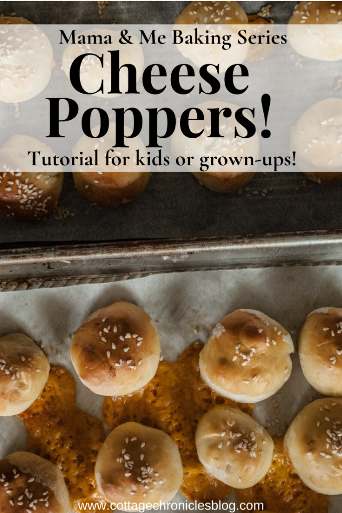 Cheese Poppers Stuffed Bread Bites.  Perfect for snacks, finger foods, or appetizers.  These easy bread recipe is from my mama and me baking series, and includes a video tutorial!  Perfect for baking or cooking with kids.