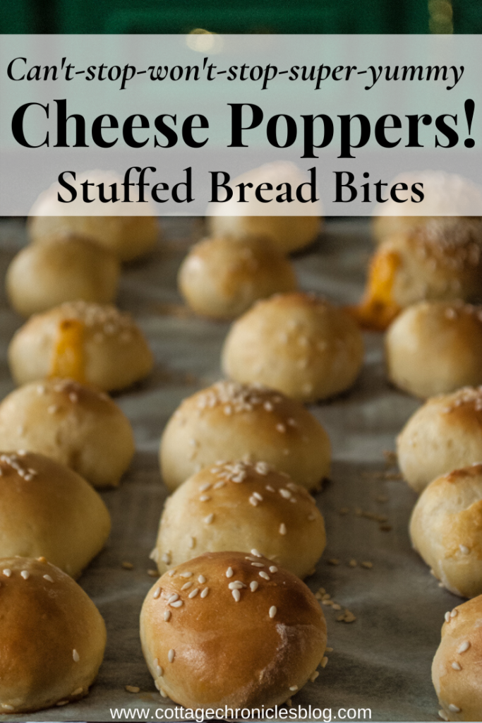Cheese Poppers Stuffed Bread Bites.  Perfect for snacks, finger foods, or appetizers.  These easy bread recipe is from my mama and me baking series, and includes a video tutorial!  Perfect for baking or cooking with kids.